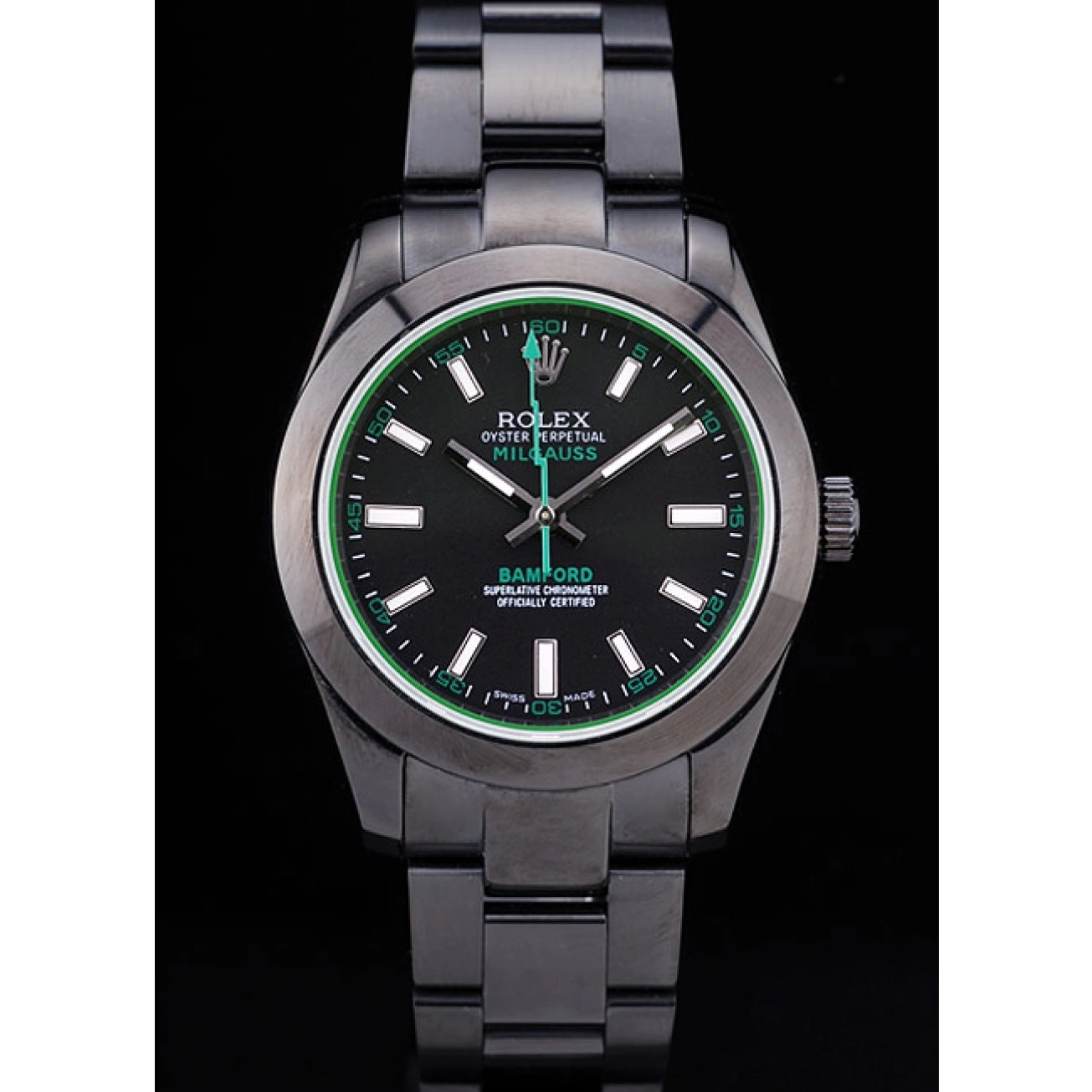 AAA Replica Watches Stainless Milgaus Ion Rolex 7476 Steel Bezel Black Dial Plated Bamford 0621